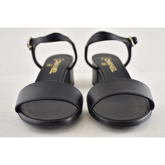 Chanel 24C Black Lambskin Leather Gold Logo Ankle Strap Block Heel Sandal 38 - Picture 6 of 14